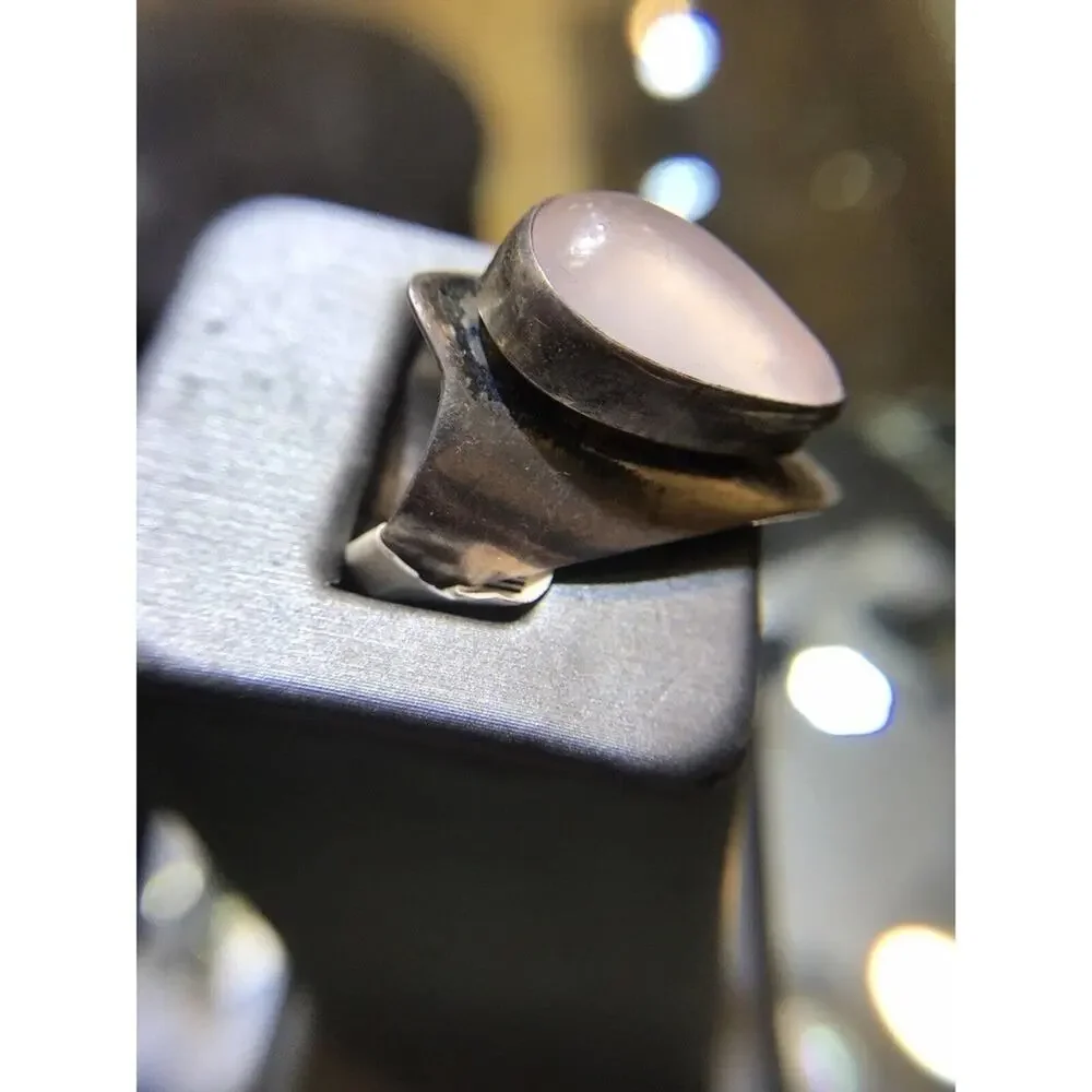 Rose Quartz (Natural) Ring Sz7 Bezel Set Silver 925 Wide Band